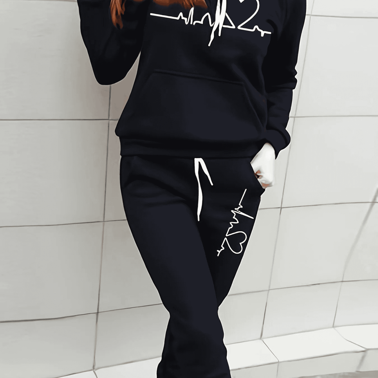 Women's Tracksuit with Fleece Hoodie and Pattern Print