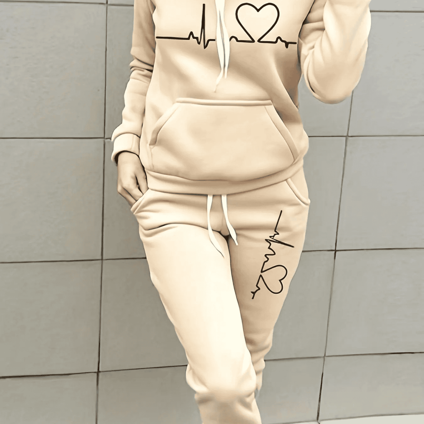 Women's Tracksuit with Fleece Hoodie and Pattern Print